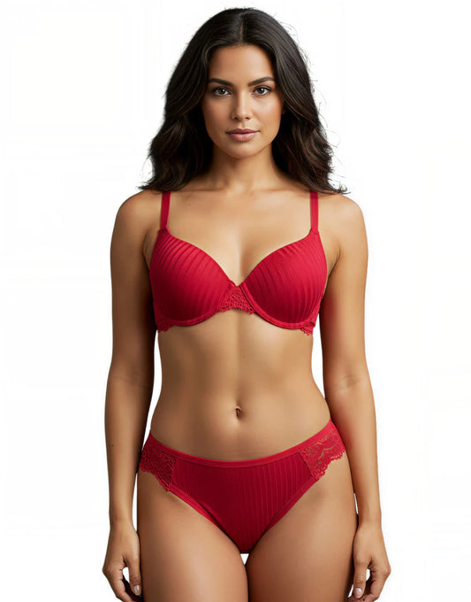 AFIFAH LINGERIE _LIGHTLY PADDED WIRED BRA SET WITH TOUCH OF LACE-RED