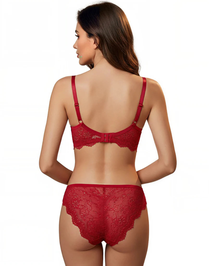 AFIFAH LINGERIE _LIGHTLY PADDED WIRED BRA SET WITH TOUCH OF LACE-RED