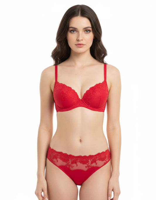 AFIFAH LINGERIE _LIGHTLY PADDED WIRED FANCY BRA WITH MATCHING PANTY-RED