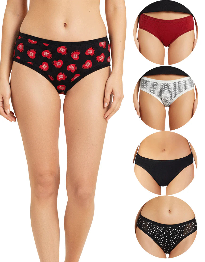 AFIFAH LINGERIE_PACK OF 5 SUPER SOFT COTTON STRETCH PRINTED BIKINI BRIEFS -RED HEARTS